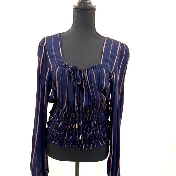 Vintage Navy Blue Blouse with Copper Accents 💃 - Picture 2 of 8
